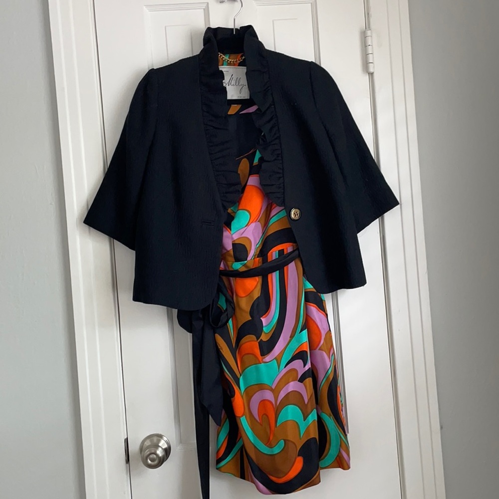 Multicolored Milly dress with accompanying coat. Dress is size 4 Coat is size 6